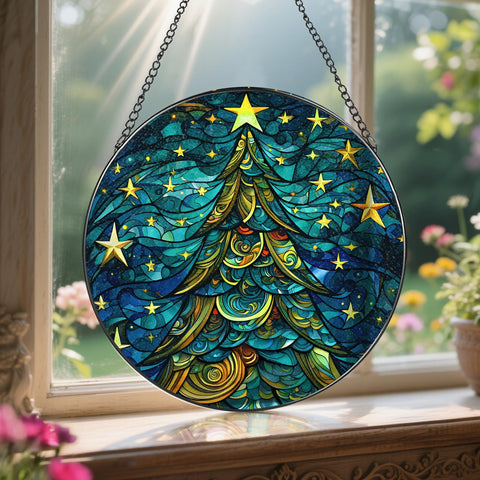 LAOWEIKI adorno suncatcher árbol de Navidad 8" en vidrio emplomado, marco negro y cadena — vitral artesanal para ventana