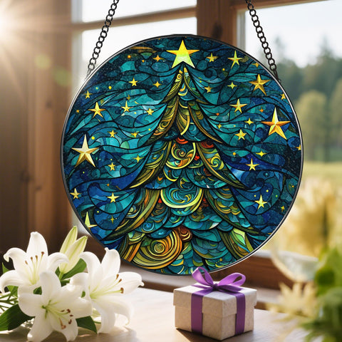 LAOWEIKI adorno suncatcher árbol de Navidad 8" en vidrio emplomado, marco negro y cadena — vitral artesanal para ventana