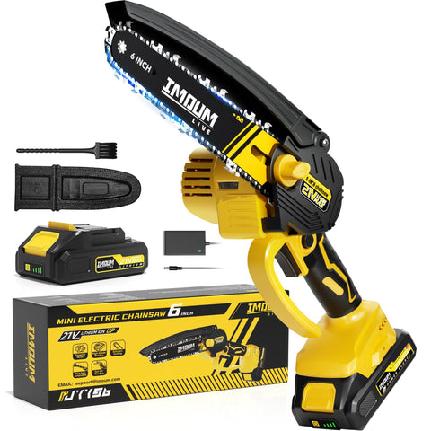 IMOUMLIVE frente del mini cortaserras mostrando diseño compacto y control fácil