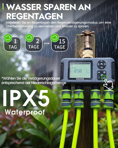 Insoma instalado en manguera regando un jardín, mejora el riego automático