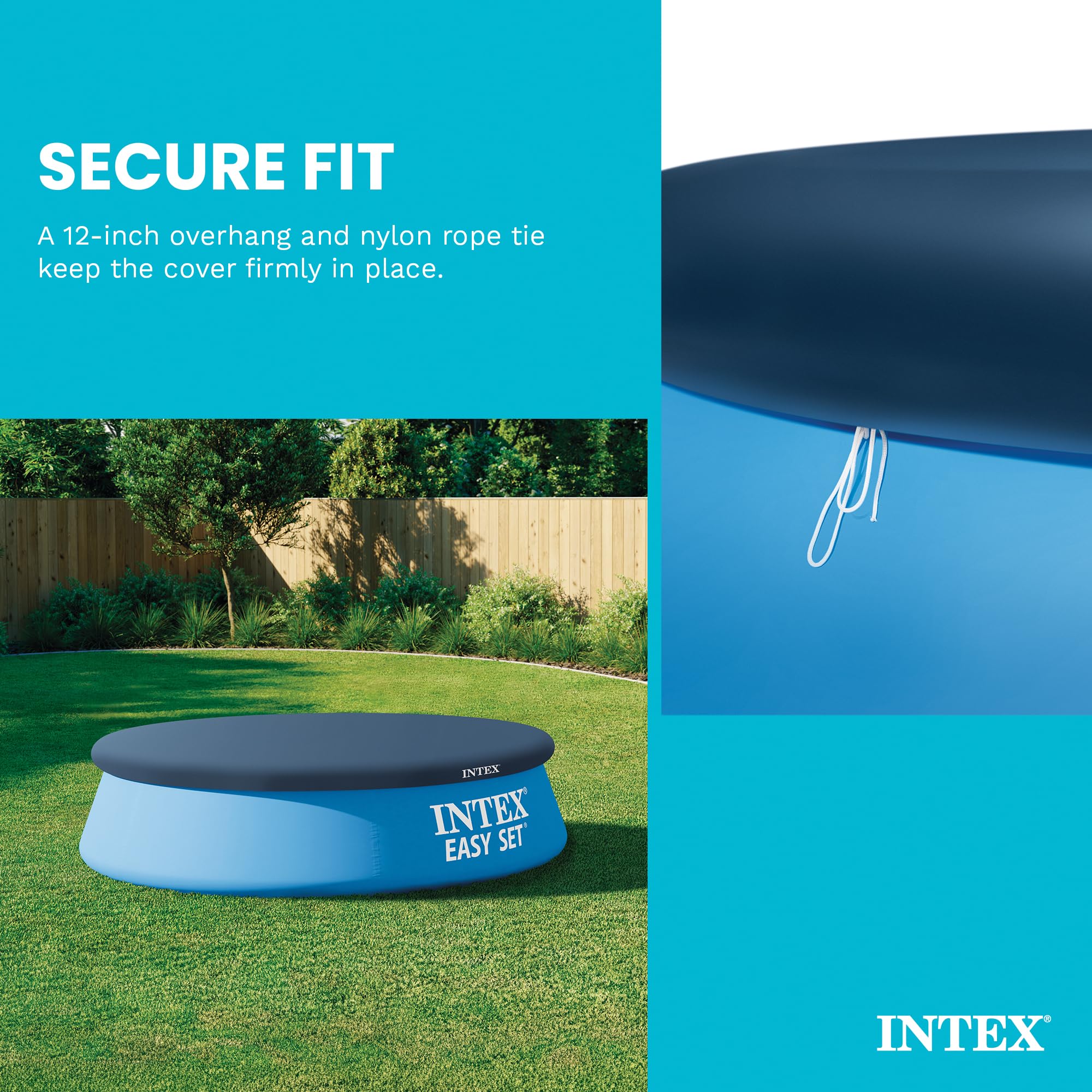 Intex cubierta colocada en piscina Easy Set 8' mostrando protección contra hojas