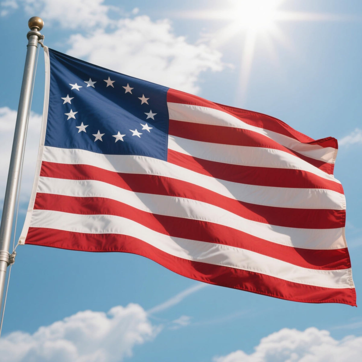 irbrisu bandera Betsy Ross frontal mostrando estrellas bordadas y colores vivos