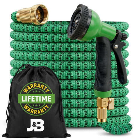 J&B manguera XpandaHose frontal con empaque mostrando la longitud y accesorios