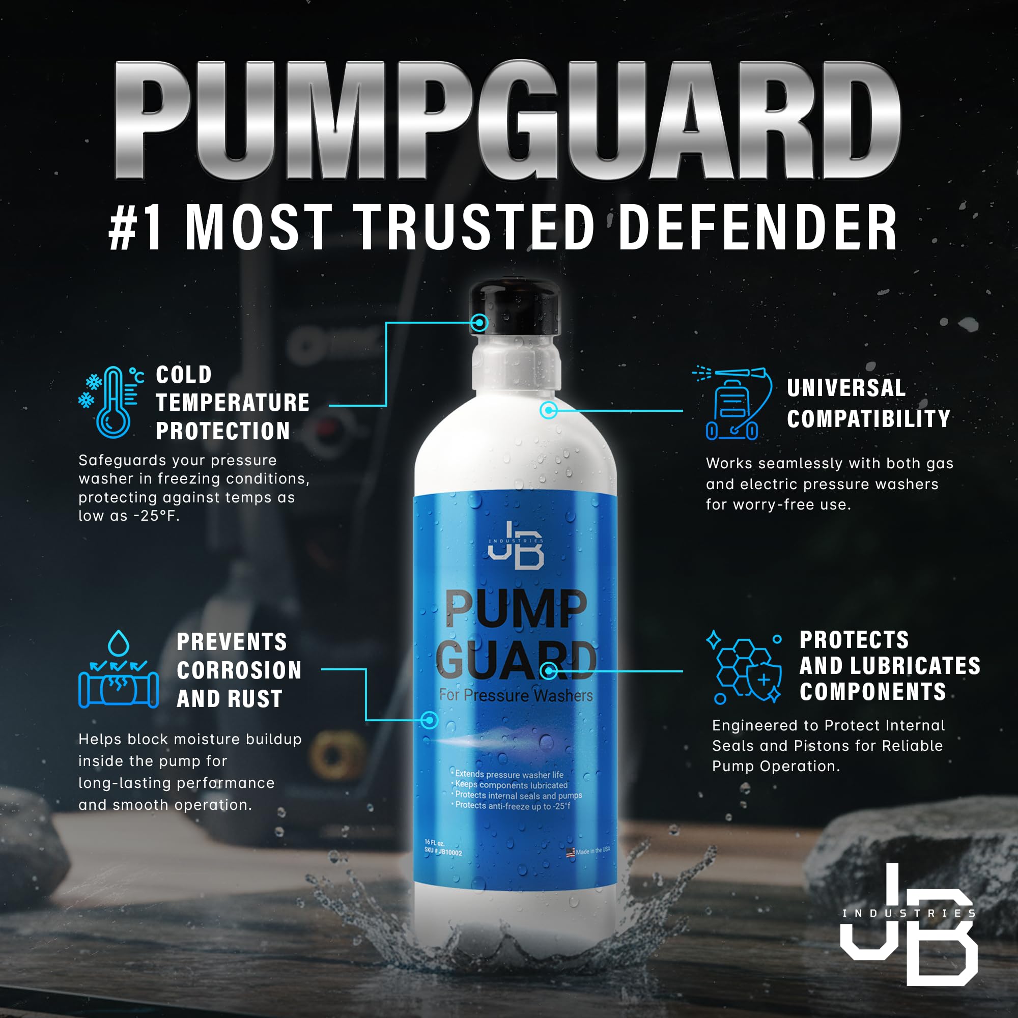 JB Industries etiqueta con instrucciones y beneficios visibles para protección