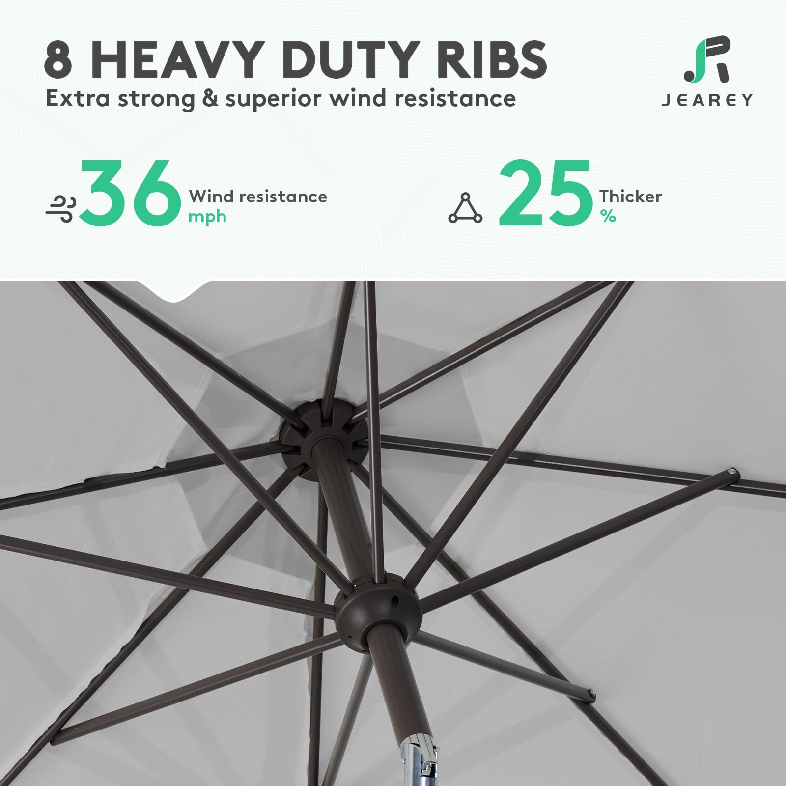 JEAREY sombrilla instalada sobre mesa y sillas, crea zona cómoda