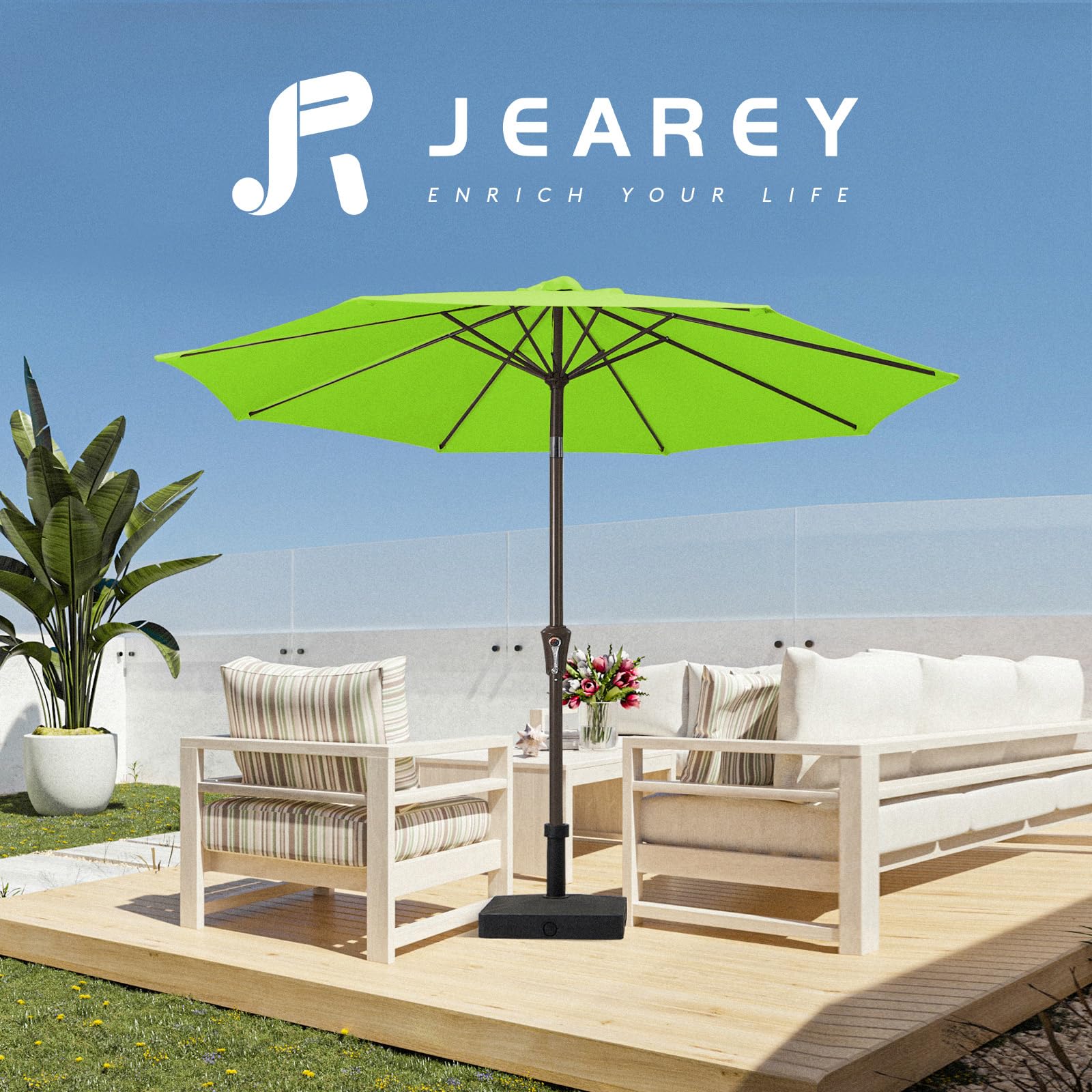 JEAREY sombrilla desplegada cubriendo mesa y 5 sillas para confort