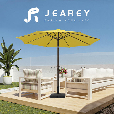 JEAREY sombrilla mostrando escala sobre mesa y seis sillas