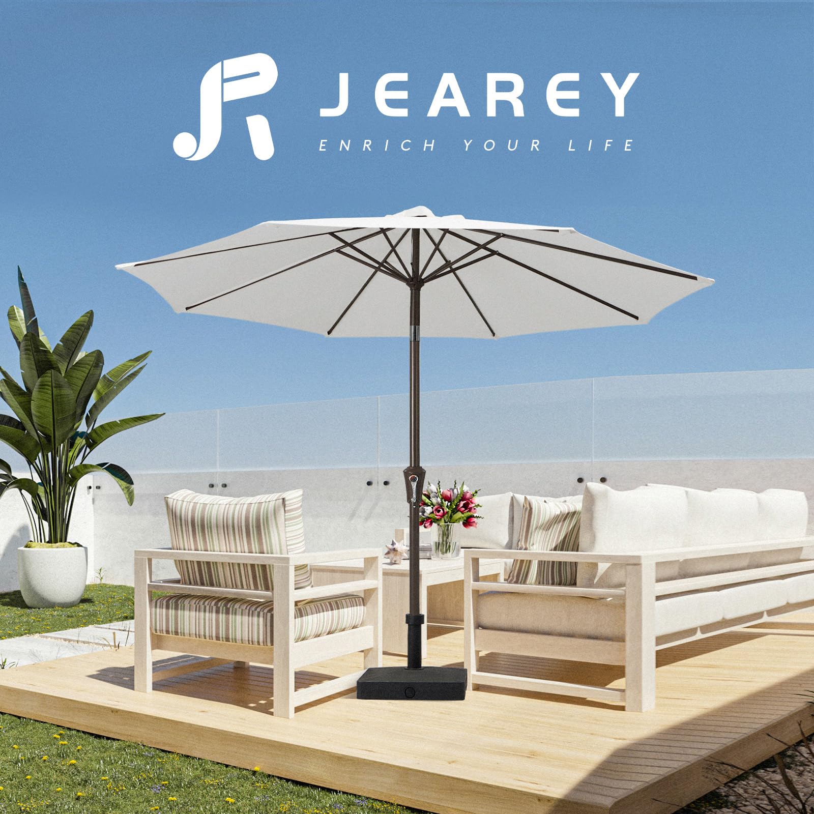 JEAREY sombrilla instalada en patio estilo de vida y comodidad