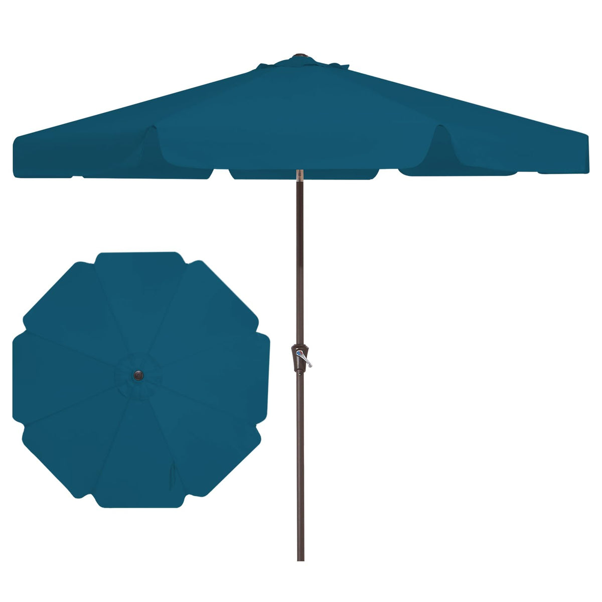 JEAREY vista frontal de la sombrilla Cerulean protegiendo mesa y sillas
