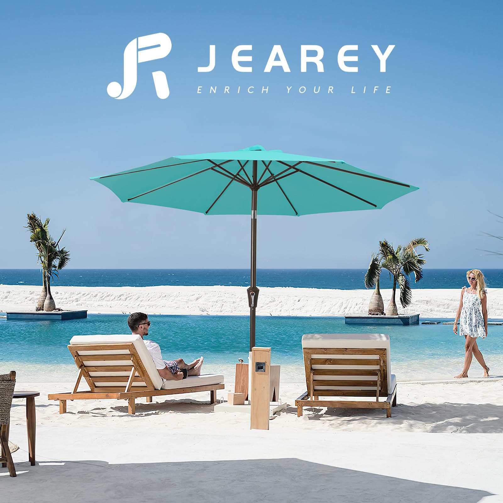JEAREY sombrilla instalada sobre patio con mesa mostrando uso práctico