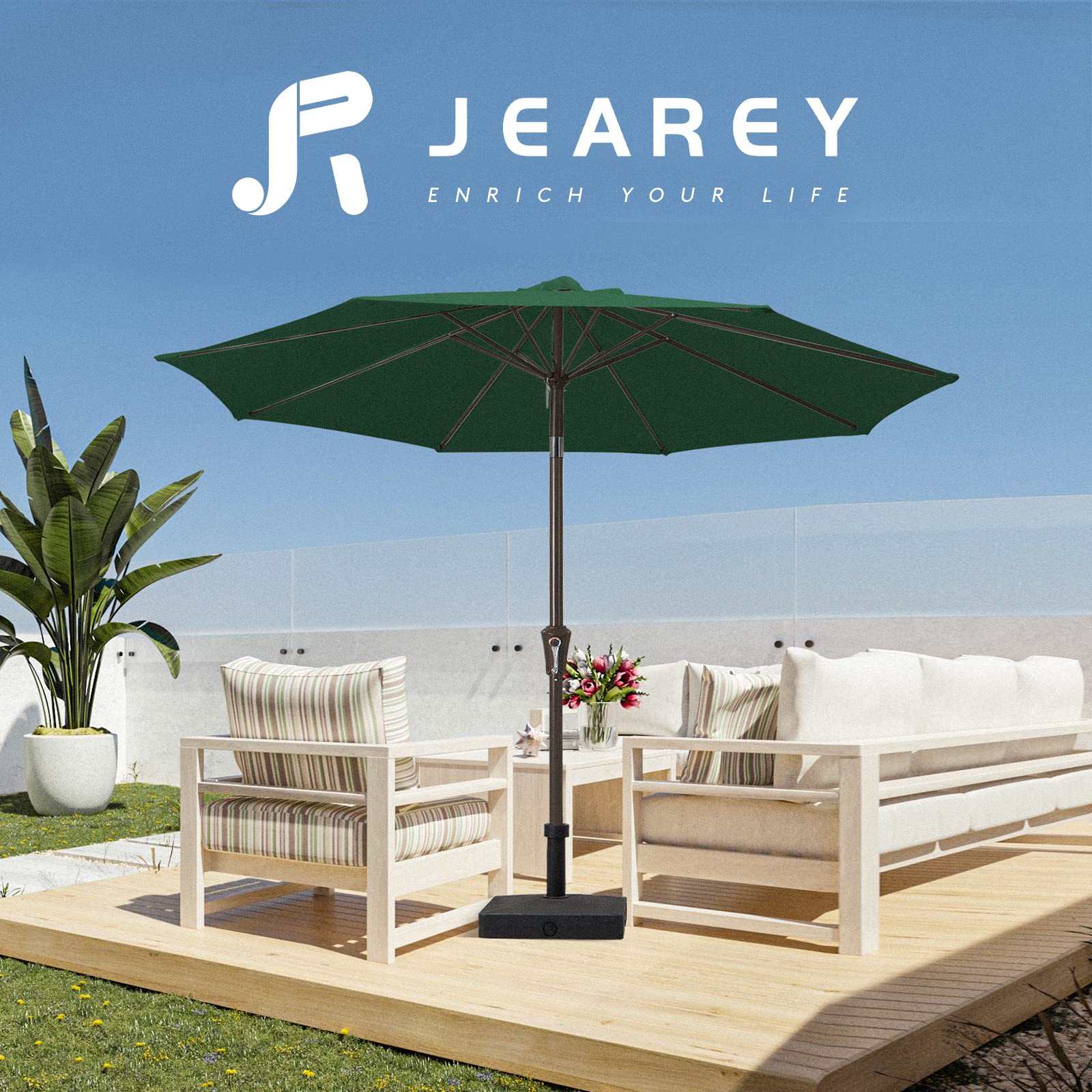 JEAREY sombrilla en uso sobre mesa de jardín para reuniones cómodas