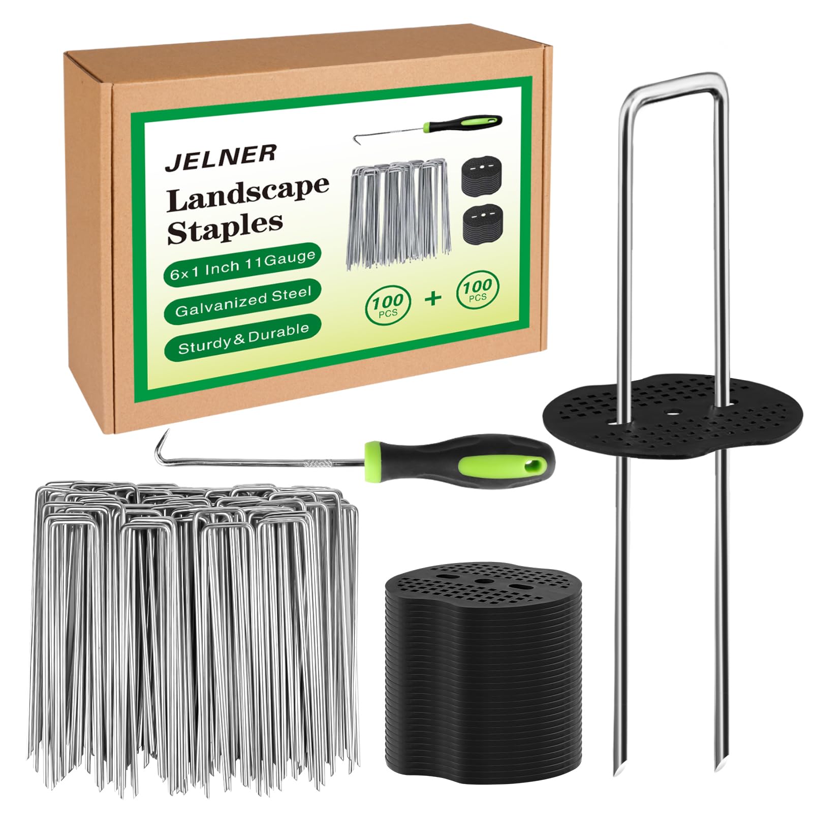 JELNER paquete frontal de 100 estacas galvanizadas mostrando cantidad y empaque robusto