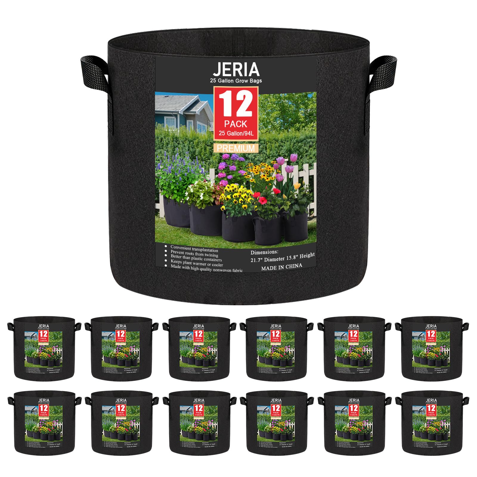 JERIA vista frontal paquete de 12 grow bags muestra cantidad y diseño
