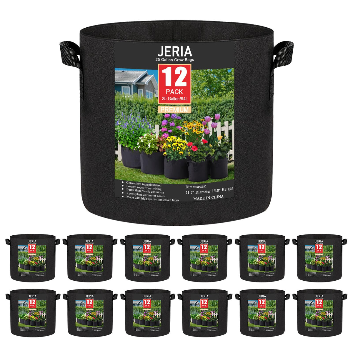 JERIA vista frontal paquete de 12 grow bags muestra cantidad y diseño