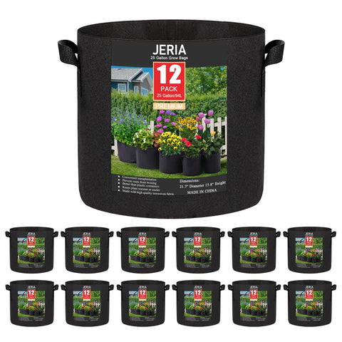 JERIA vista frontal paquete de 12 grow bags muestra cantidad y diseño