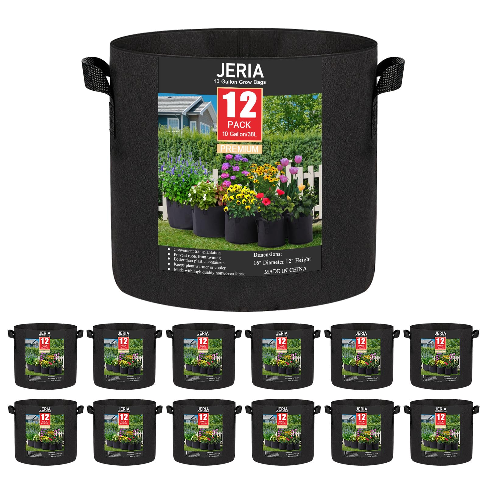JERIA vista frontal del pack de 12 bolsas de cultivo, ahorro de espacio