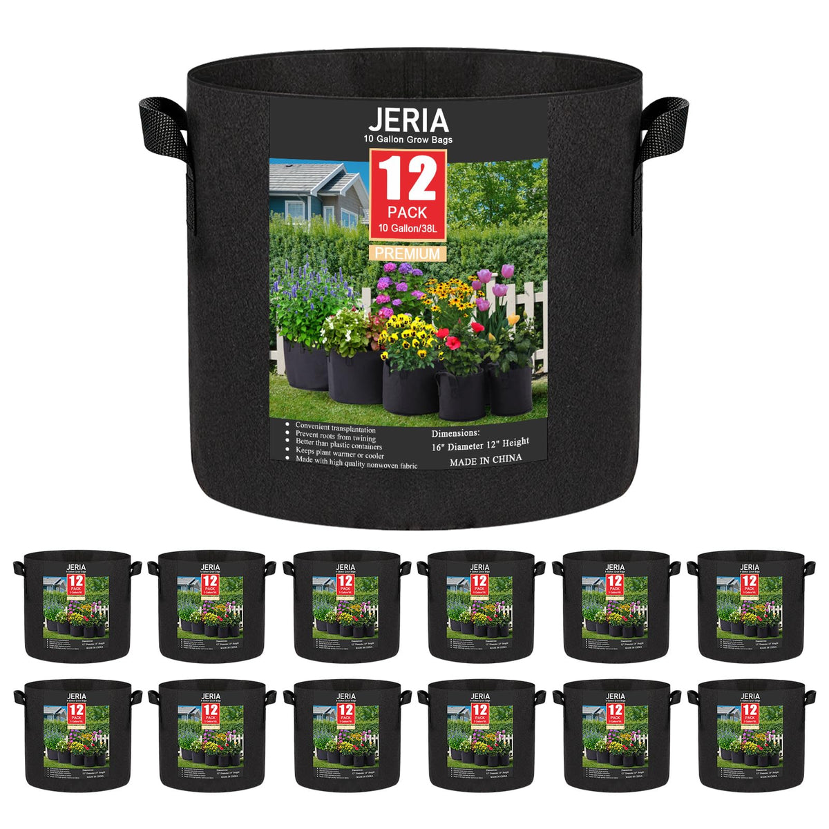 JERIA vista frontal del pack de 12 bolsas de cultivo, ahorro de espacio