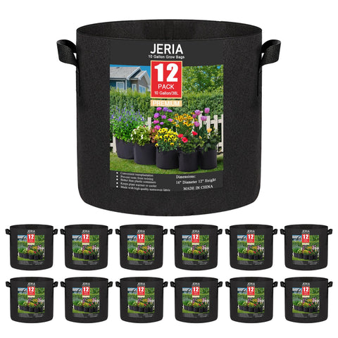 JERIA vista frontal del pack de 12 bolsas de cultivo, ahorro de espacio