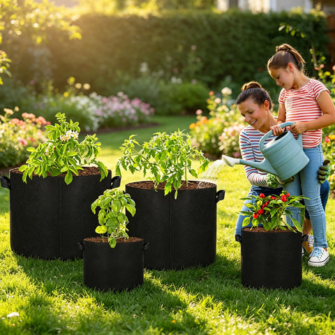 JERIA grow bags con hierbas y hortalizas demostrando uso múltiple