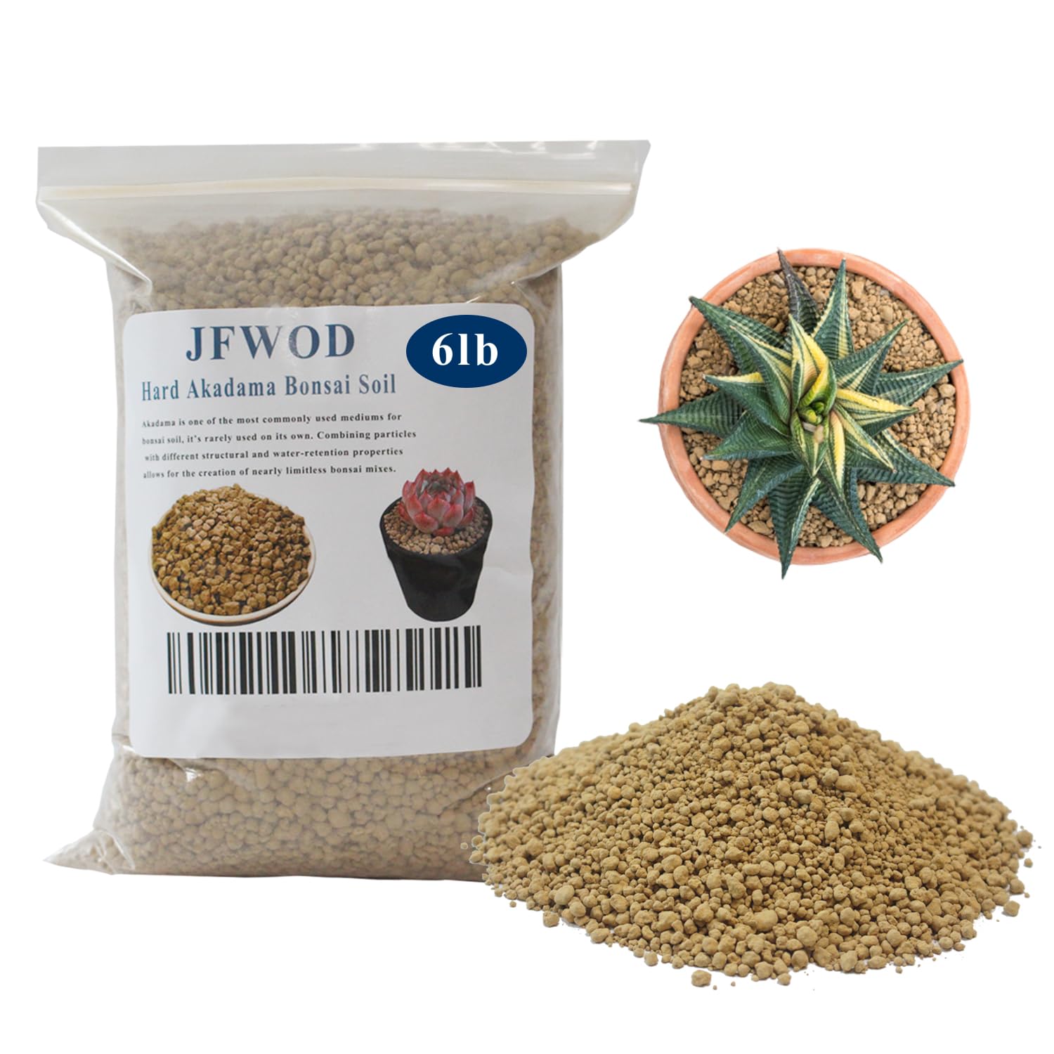JFWOD paquete frontal de akadama 6lb mostrando envase resellable y pureza