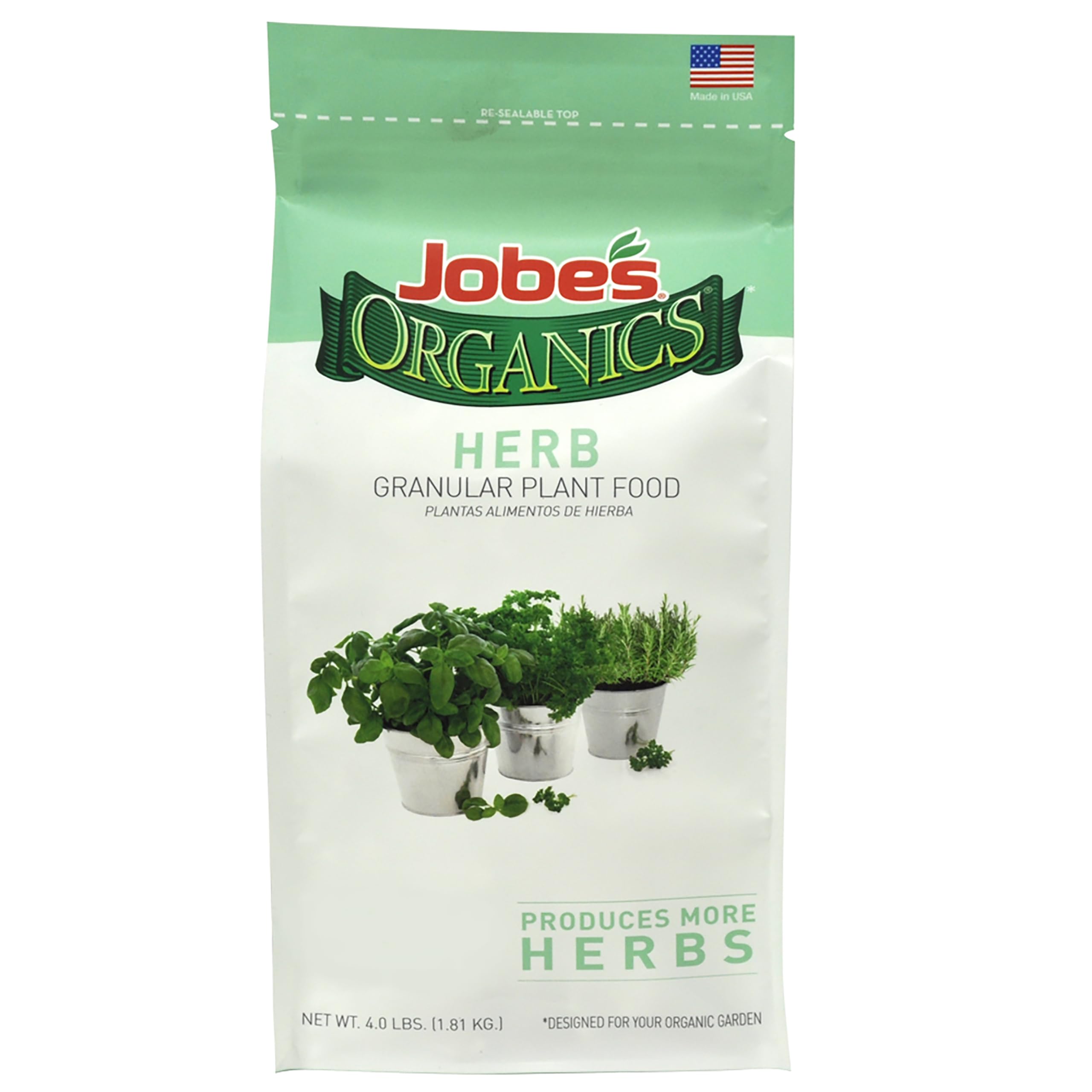 Jobe's Organics frente del empaque mostrando saco de 4 lb y ventaja orgánica
