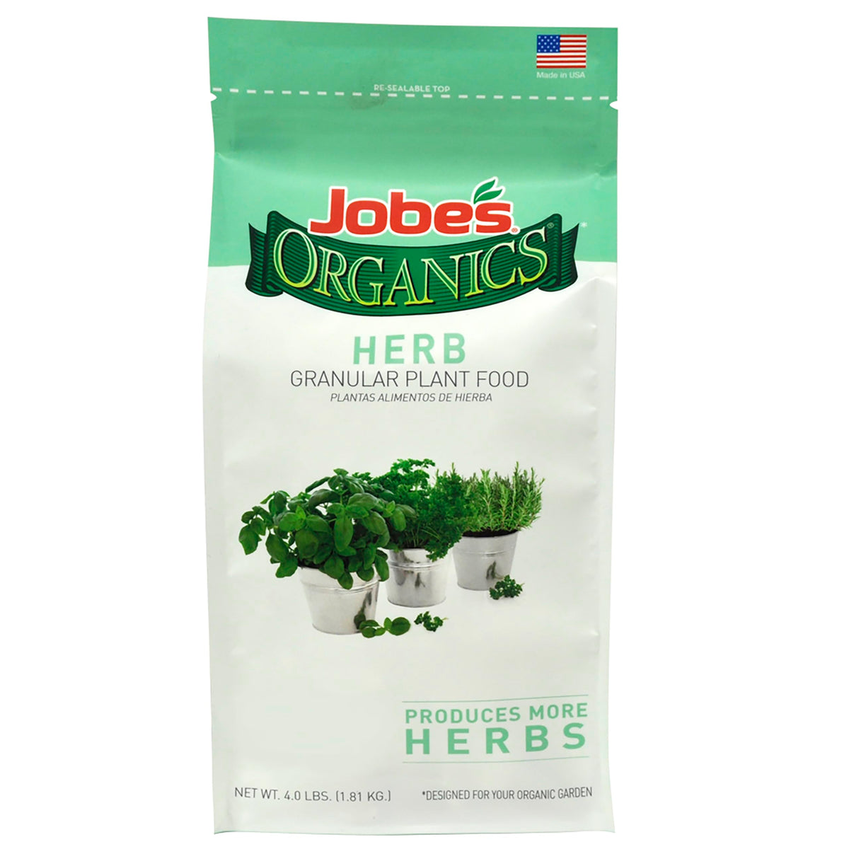 Jobe's Organics frente del empaque mostrando saco de 4 lb y ventaja orgánica