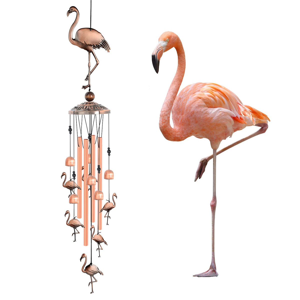 JOBOSI flamingo vista frontal del móvil mostrando flamenco y tubos, aporta encanto decorativo