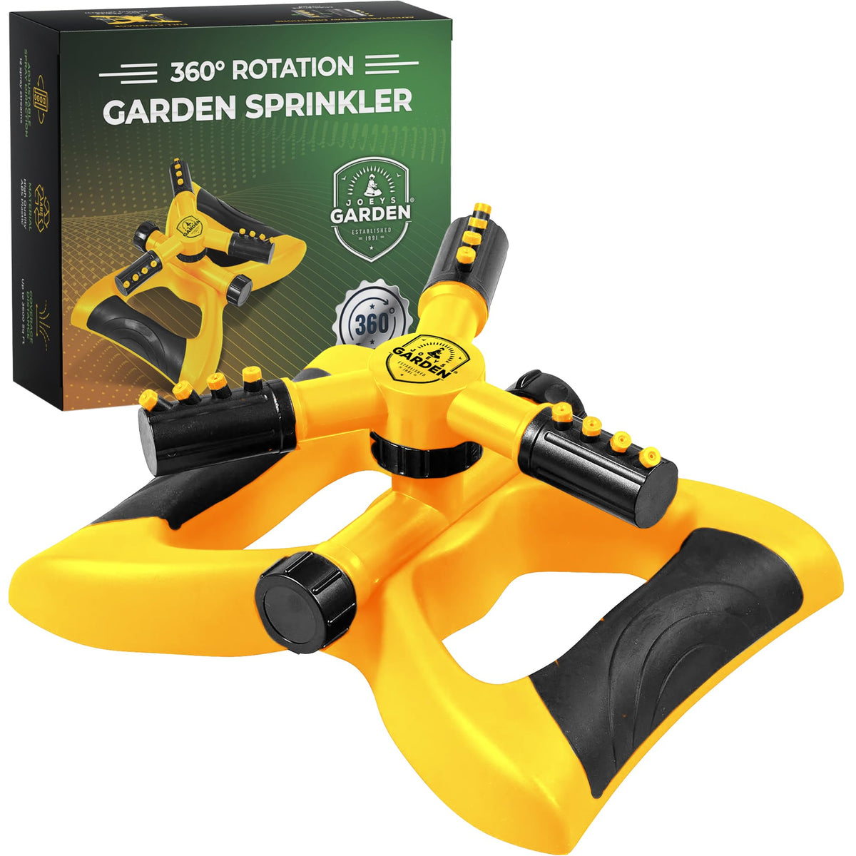 Joeys Garden aspersor frontal mostrando diseño y color amarillo, estabilidad visible