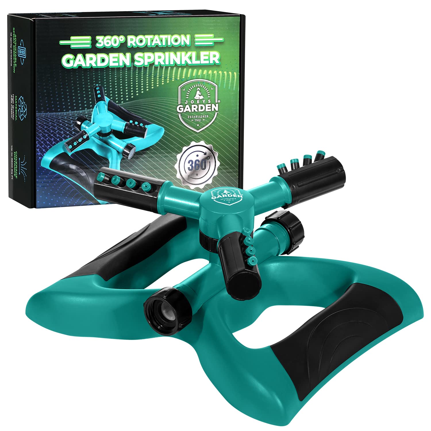 Joeys Garden aspersor frontal mostrando diseño estable y color verde