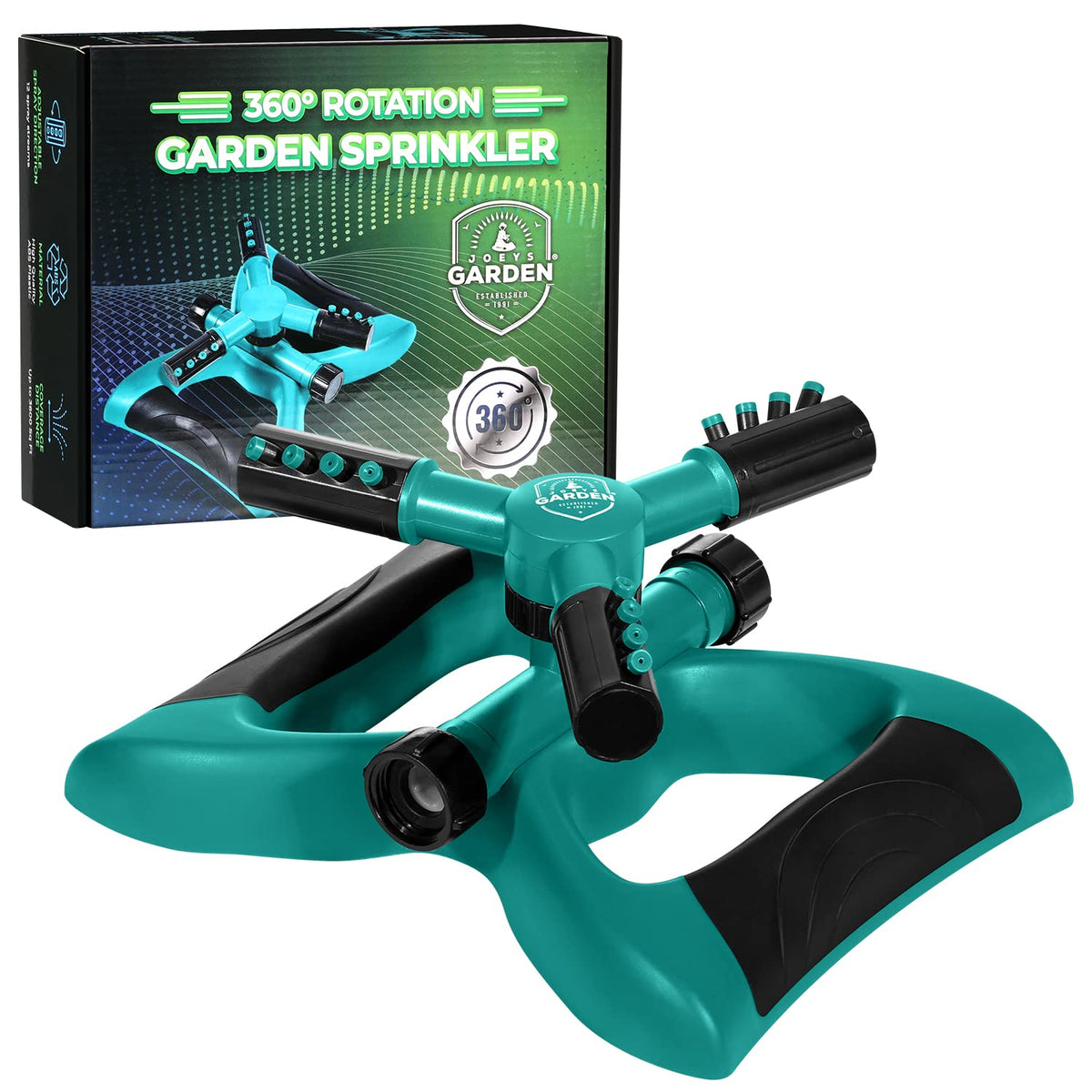 Joeys Garden aspersor frontal mostrando diseño estable y color verde