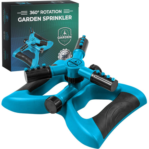 Joeys Garden aspersor frontal mostrando diseño azul y cobertura amplia