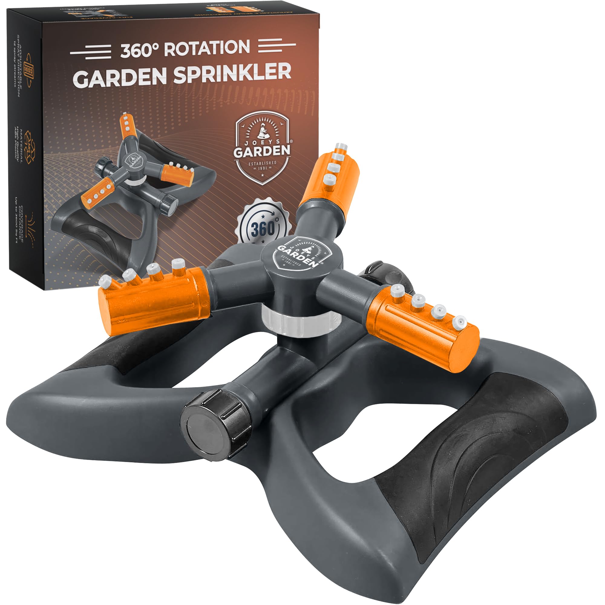Joeys Garden aspersor frontal mostrando diseño naranja y conectores, ideal estabilidad