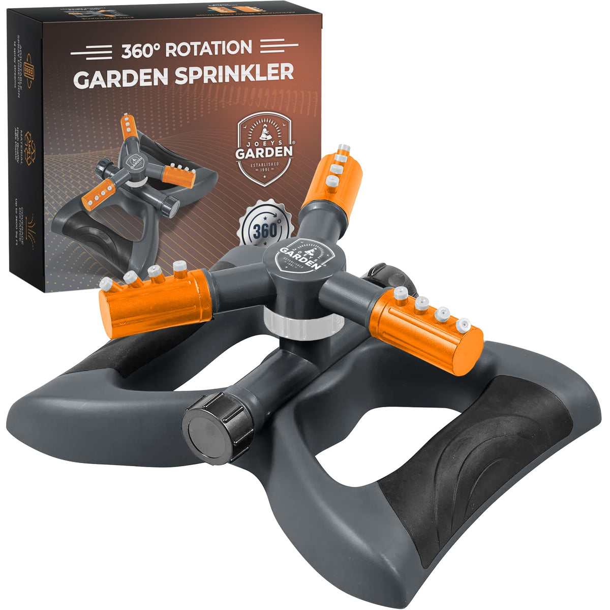 Joeys Garden aspersor frontal mostrando diseño naranja y conectores, ideal estabilidad