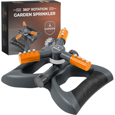 Joeys Garden aspersor frontal mostrando diseño naranja y conectores, ideal estabilidad