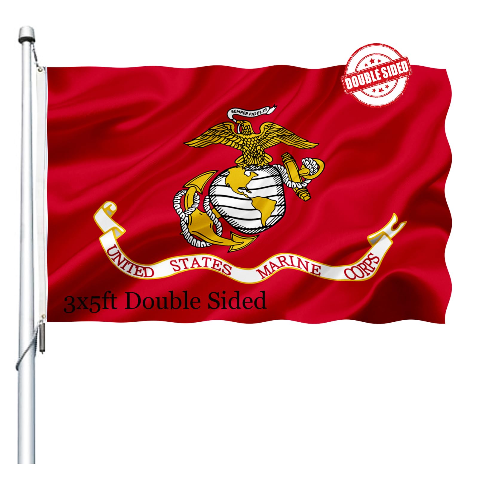 Joven bandera USMC vista frontal con emblema claro y colores vivos