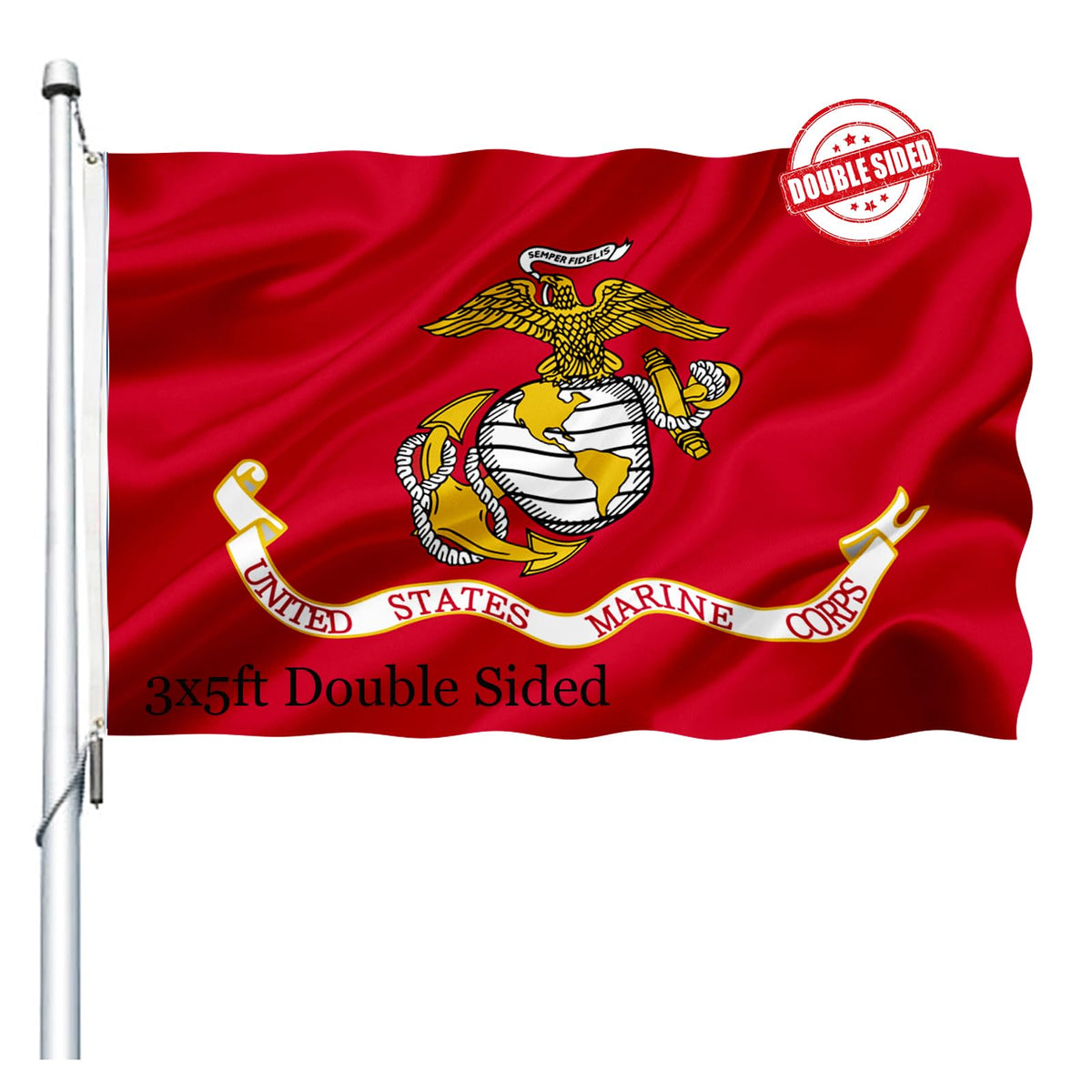 Joven bandera USMC vista frontal con emblema claro y colores vivos