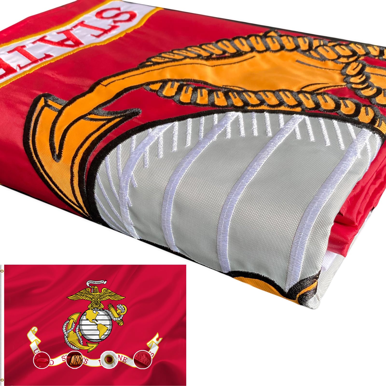 Joven bandera US Marine Corps frontal con colores vivos, muestra presencia patriótica
