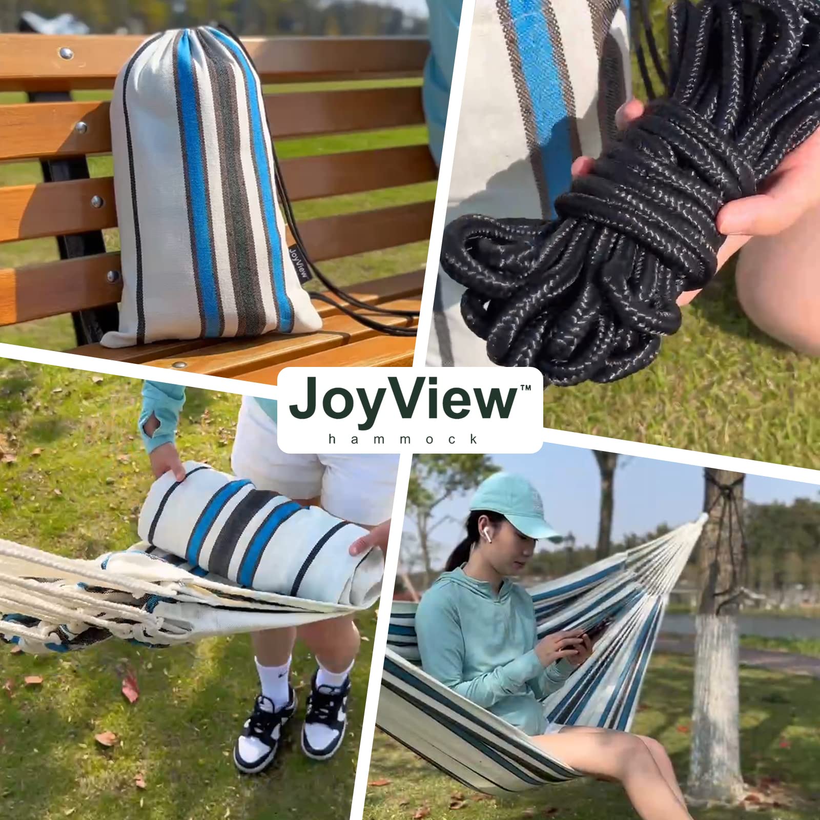 JoyView hamaca junto a persona, comparación de tamaño práctico