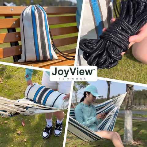 JoyView hamaca junto a una silla para comparar tamaño y espacio disponible