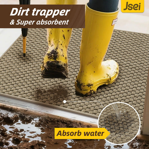 JSEI felpudo en uso con zapatos mojados absorbiendo humedad