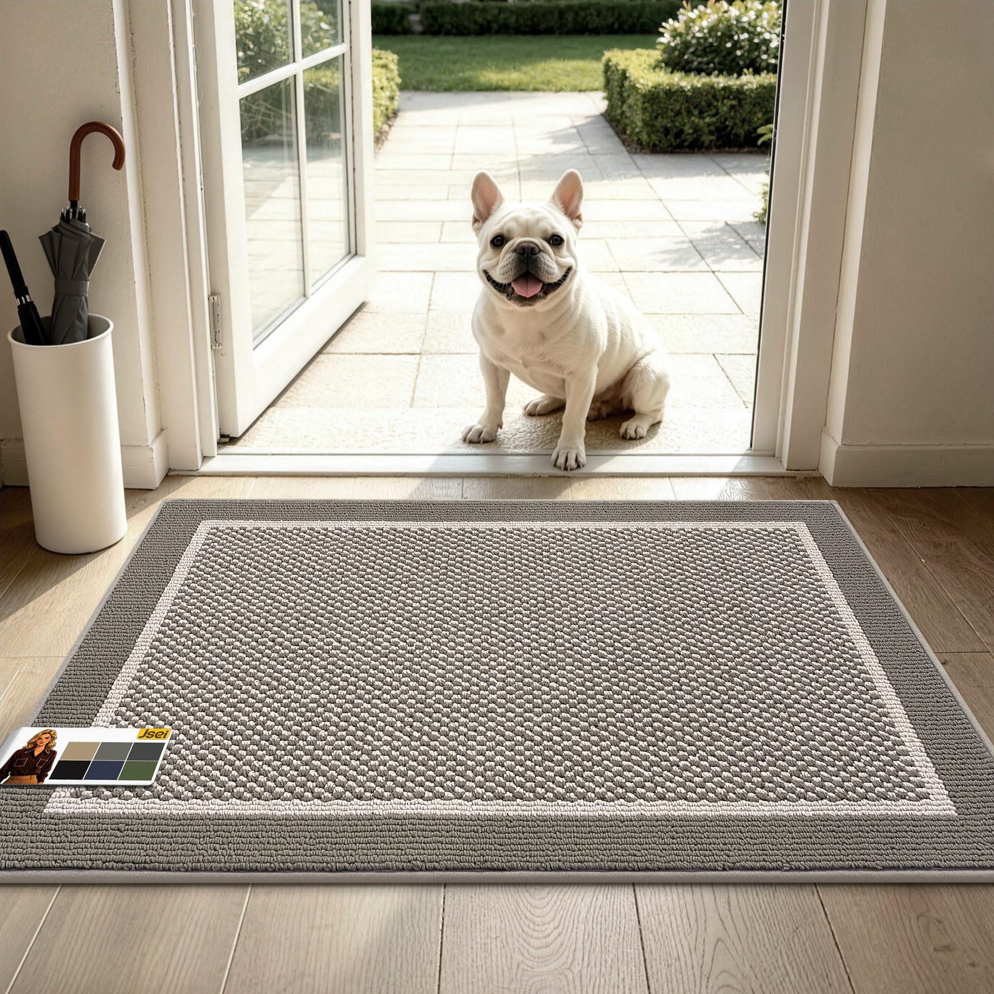 JSEI felpudo frontal 24x36 muestra diseño gris y retiene suciedad