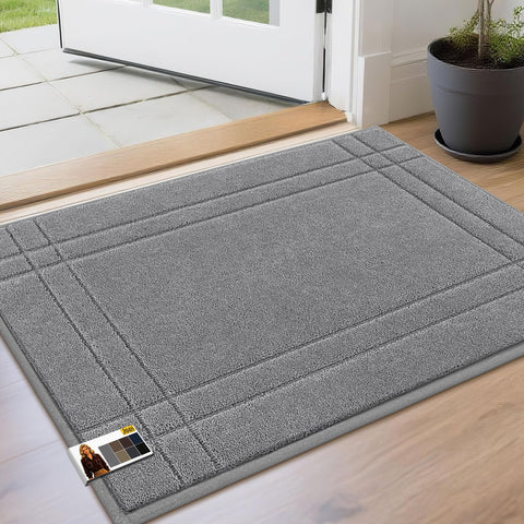 JSEI felpudo frontal gris claro mostrando tamaño y diseño práctico