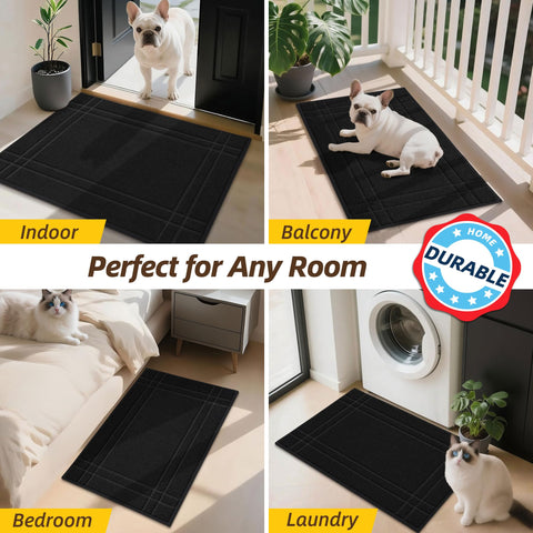 JSEI felpudo instalado en mudroom junto a botas y equipo exterior