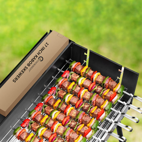 JY COOKMENT brochetas en parrilla con carne y verduras mostrando preparación eficiente
