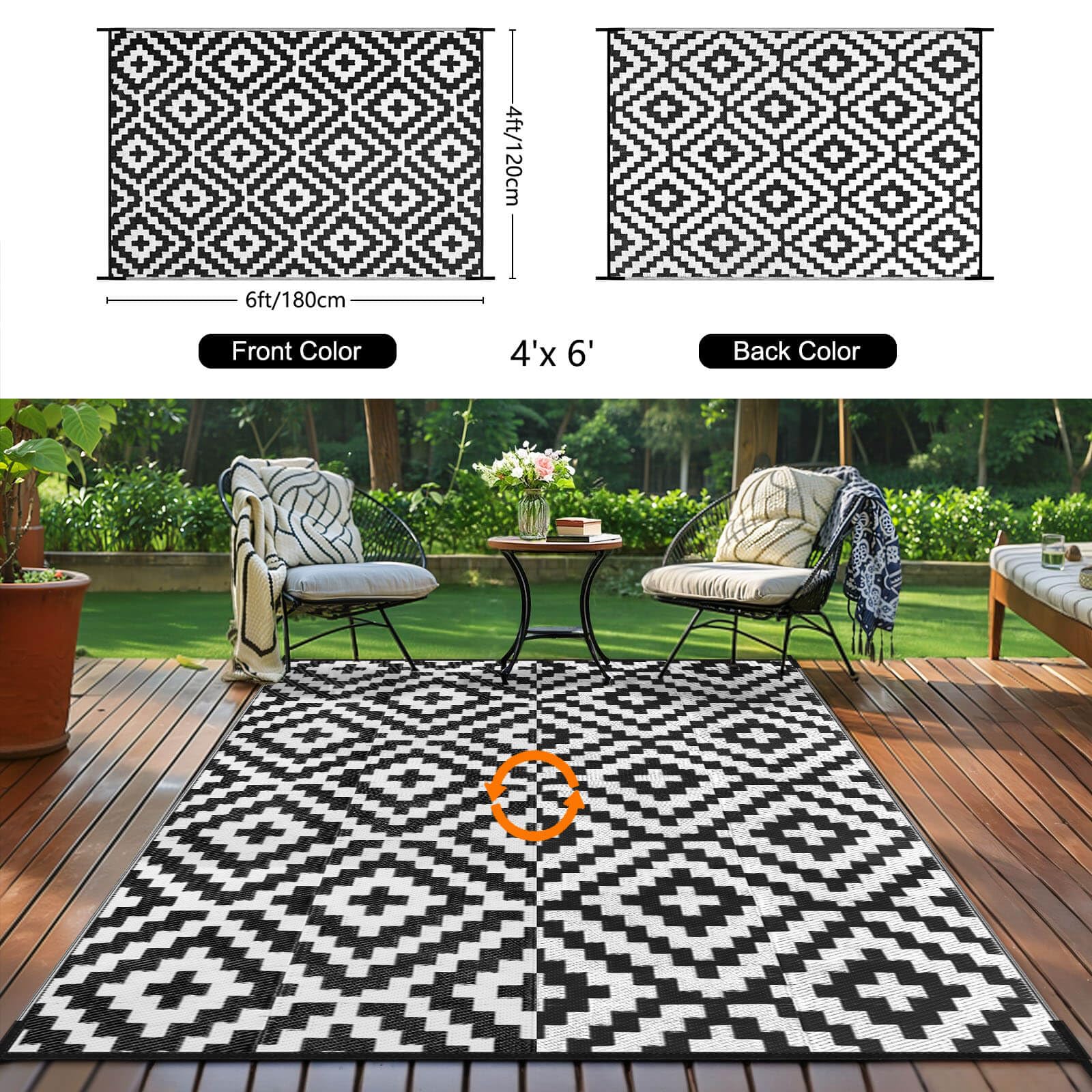 Kalafun alfombra desplegada en patio con muebles, ambiente elegante