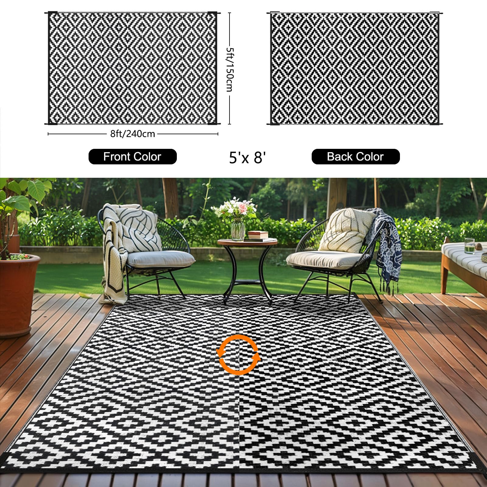 Kalafun alfombra en patio con muebles demostrando resistencia y estilo