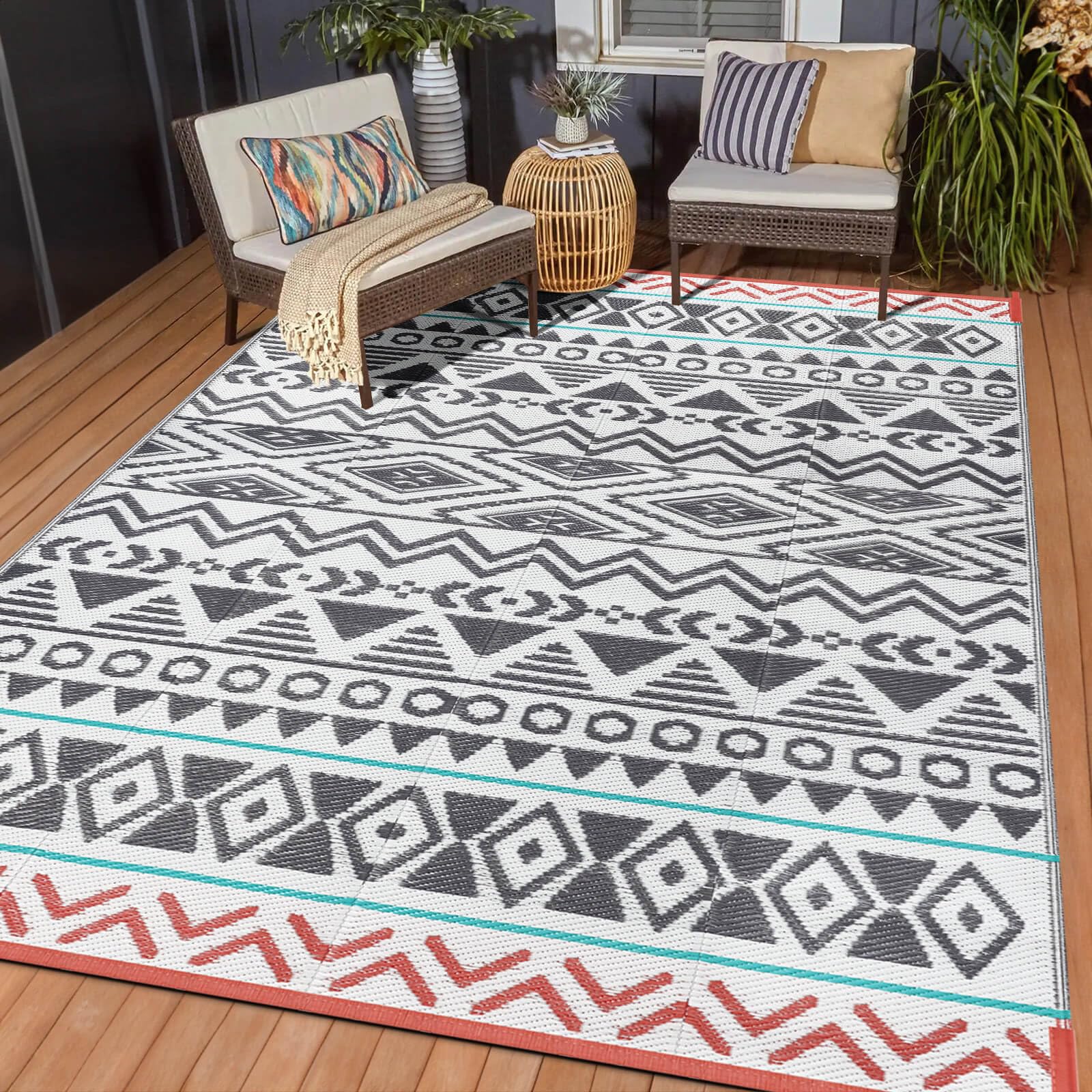 Kalafun vista frontal de la alfombra exterior resistente y reversible