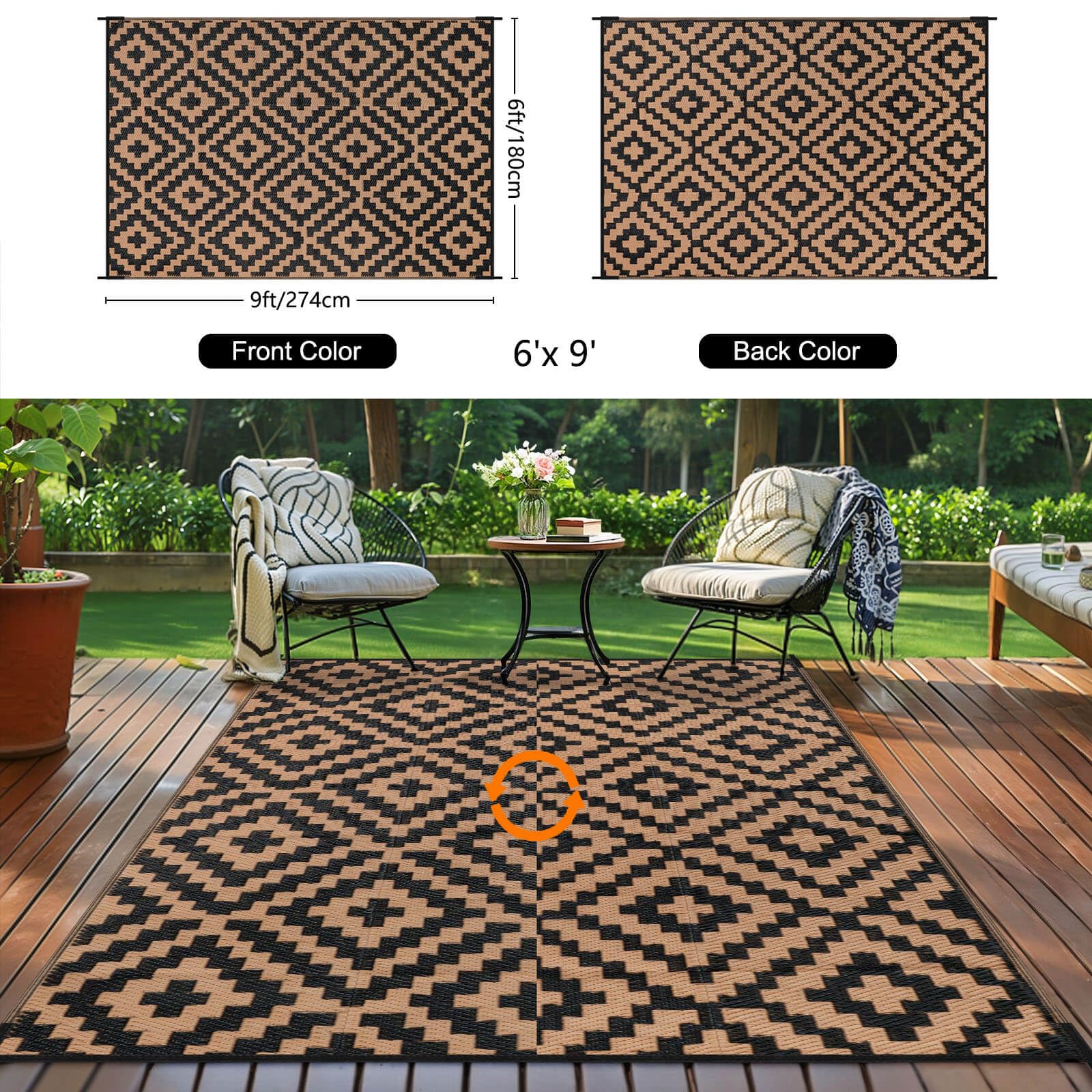 Kalafun alfombra en patio con muebles, ofrece confort y protección para terrazas