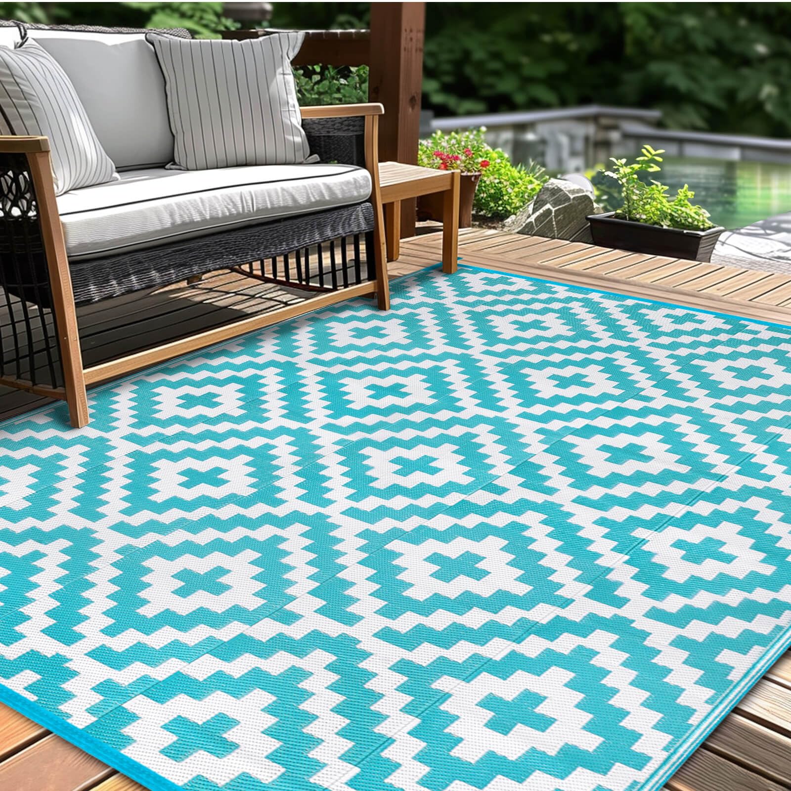 Kalafun vista frontal de la alfombra azul blanco mostrando diseño y beneficio estético
