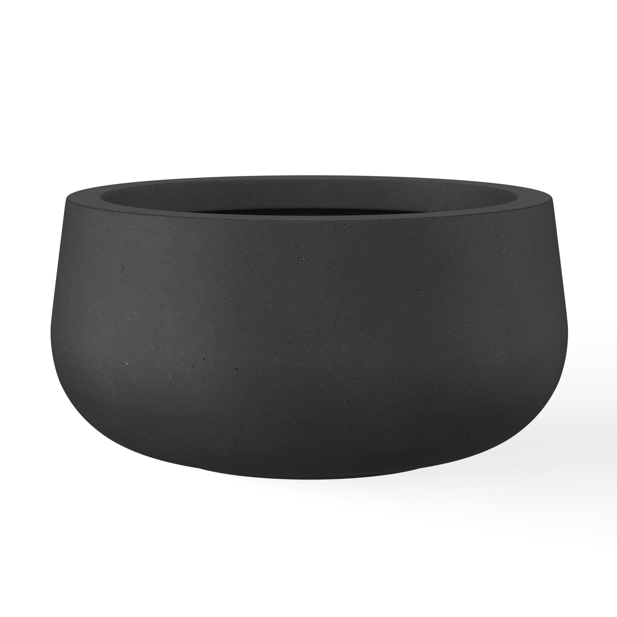 Kante maceta frontal de hormigón negro mostrando diseño moderno y resistencia